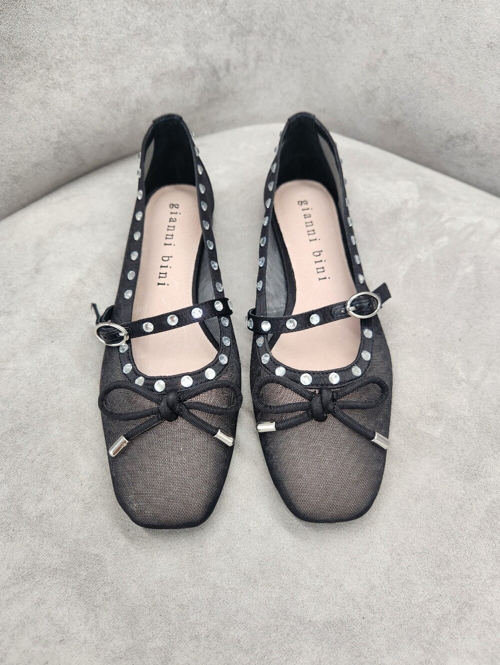 Gianni Bini Ballet Flats 8.5 Black Mesh Rayna Mary Jane Rhinestone Bow New $90
